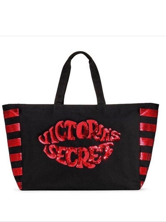 Victoria's Secret Handbags - Victoria's Secret Black Tote with Red Sequin Logo and Striped Accents